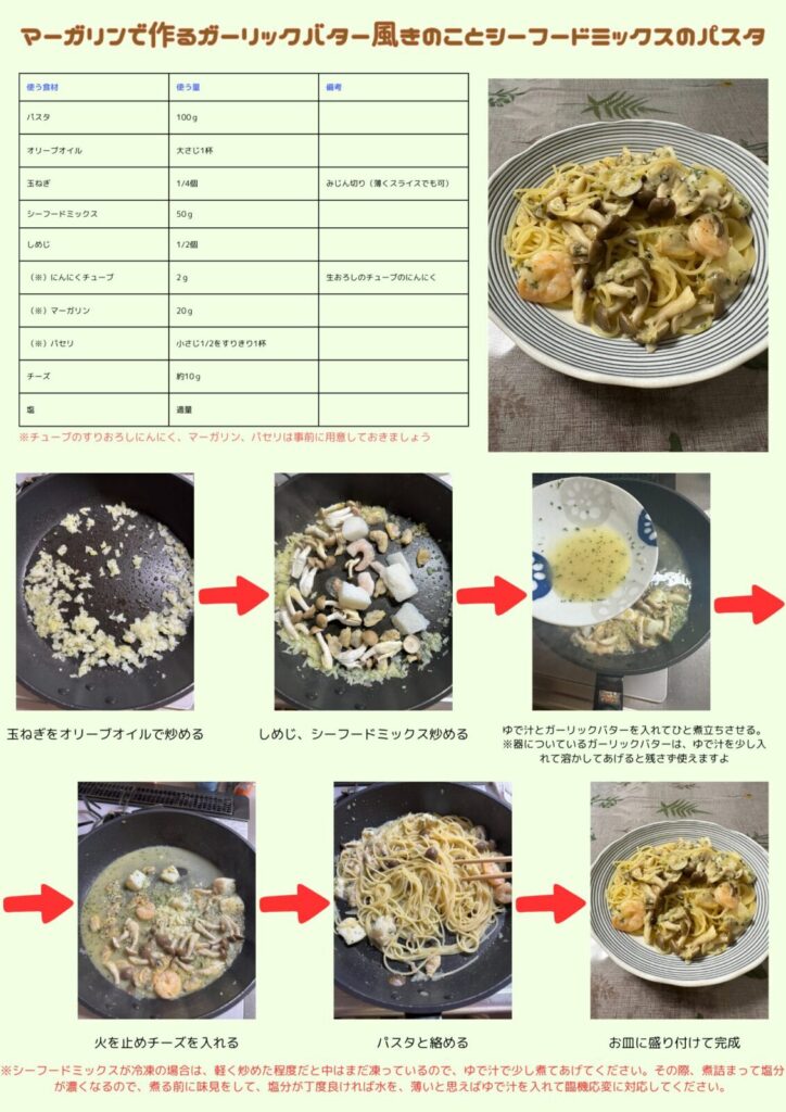 マーガリンで作るガーリックバター風きのことシーフードミックスの簡単パスタ